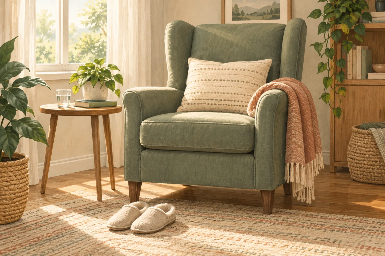 Illustration of a tidy recovery space with a firm chair and everyday essentials within reach